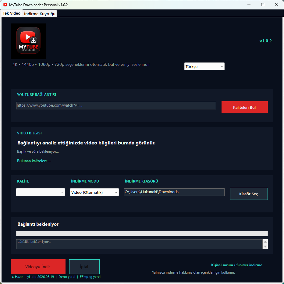 MyTube Downloader v1.0.2 video indirme ve kuyruk arayüzü